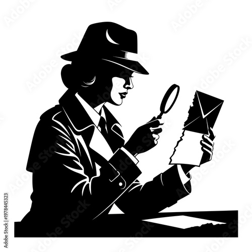 Silhouette of a detective examining evidence with a magnifying glass.
