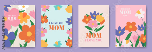 Foto Mother’s Day greeting card set with colorful floral illustrations, best mom ever quotes, I love you mom messages, cheerful celebration design for mothers, family love, holiday wishes