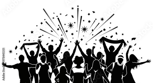 People Celebrating with Raised Hands Silhouette.