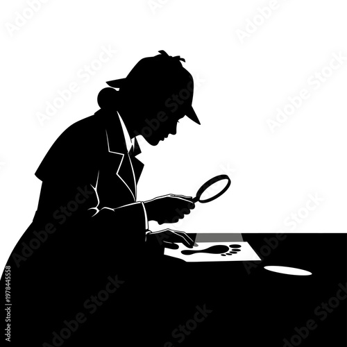 Silhouette of a Detective Examining Footprint with Magnifying Glass.