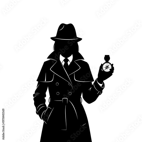 Silhouette of a detective holding a compass in black and white.