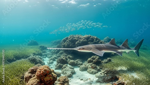 A majestic sawfish swims through a vibrant coral reef ecosystem with a school of fish in the background.