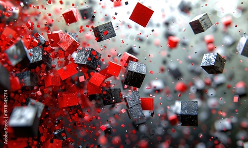 A vibrant explosion of red and black cubes in mid-air