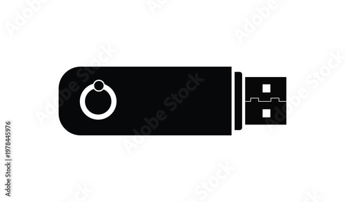 Sleek black USB flash drive with circular design element, isolated on white background, symbolizing modern technology and data storage solutions.