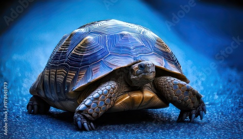 Close-up of a turtle with a patterned shell on a blue surface.
