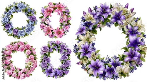 Assortment of detailed floral wreaths featuring various vibrant flower arrangements