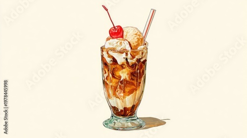 Sweet cold dessert beverage sits centered in a clear glass with a cherry garnish and straw