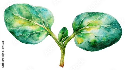 Watercolor painting depicts a young plant sprout with two large, rounded leaves emerging from a central stem.