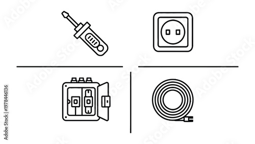 Electrical Tools and Equipment: An illustrative depiction of essential tools and components for electrical work, neatly arranged.