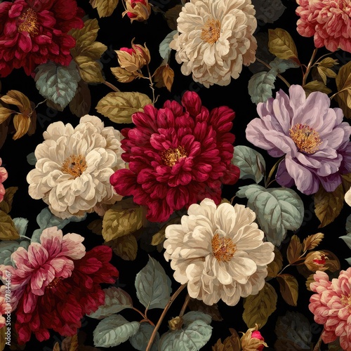 Richly colored botanical illustration presents a dark background seamless floral pattern