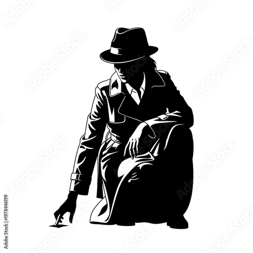 Silhouette of a detective in a trench coat examining evidence.