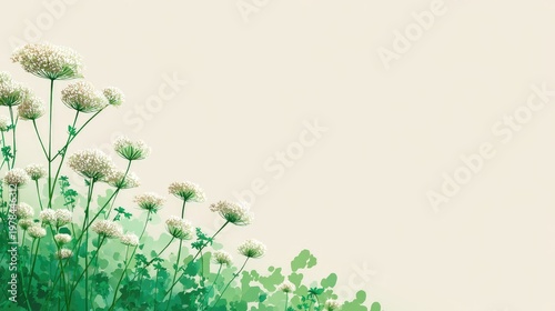 Delicate white flowering plants grow upward along the lower left edge against a pale background