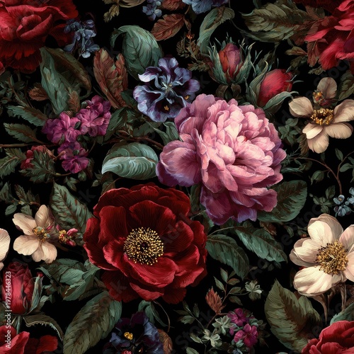 Richly colored floral arrangement showcases various blossoms against a deep dark background