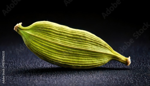 Close-up of a vibrant green cardamom pod on dark surface.