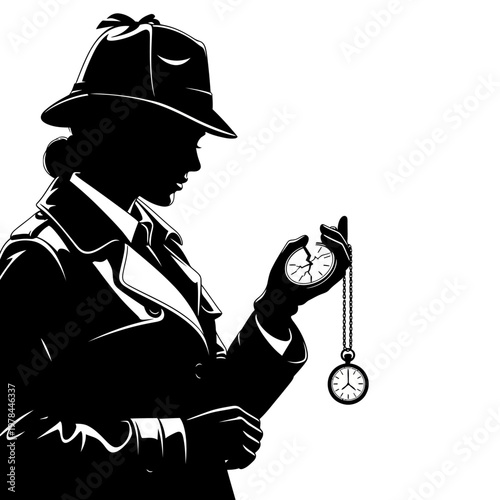 Silhouette of a Detective Inspecting a Broken Pocket Watch.