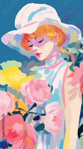 Woman with flowers painting art cartoon.