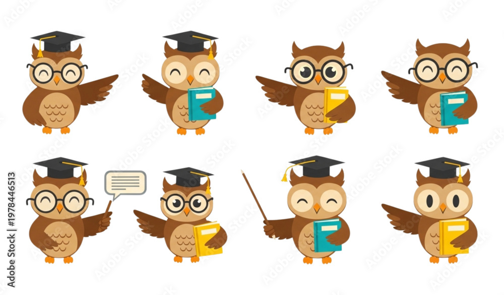 Fototapeta premium Cartoon owl education illustration set with graduation hats books and teaching poses