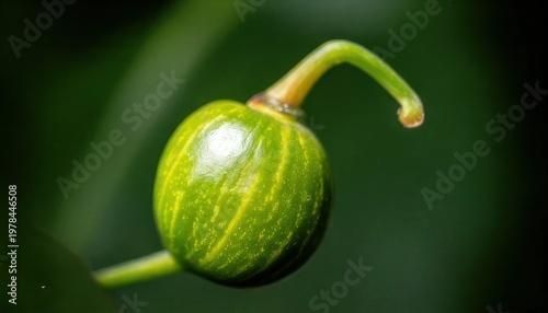 Close-up of a vibrant green, unripe chili pepper with stem.