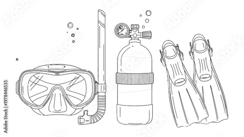 Dive Gear Sketch: A detailed line drawing showcases essential scuba diving equipment, capturing the essence of underwater exploration and adventure.
