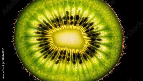 Close-up of a vibrant kiwi slice against a dark background.