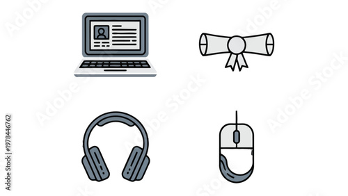 Digital Education Elements: A set of digital education elements arranged, perfect for illustrations, designs, and educational content.