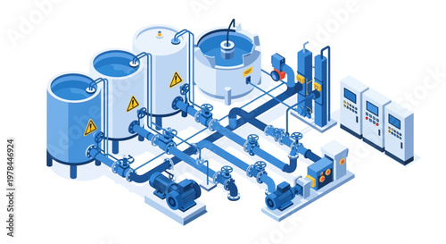 Industrial water treatment system with blue pipes and tanks on a white background