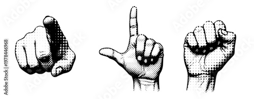 Hands making pointing, l and fist gestures on white background. not ideal dots