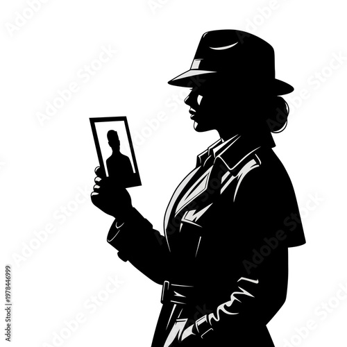 Silhouette of a detective looking at a framed photograph.