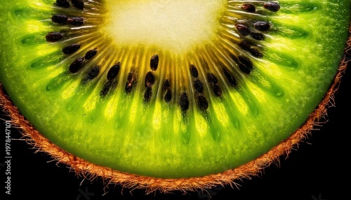 Close-up of a vibrant kiwi slice showcasing its juicy texture and seeds.