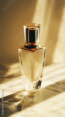 Sunlight on a glass perfume bottle on a marble table with no people