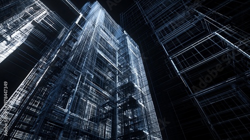 Digital wireframe of futuristic skyscrapers with no people