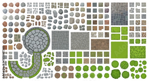 Collection of assorted rocks and stones with tree stump vector illustration