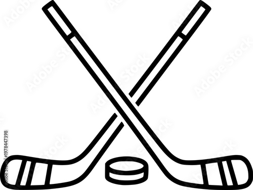 Crossed Hockey Sticks and Puck - Vector Outline Illustration
