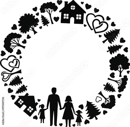 Happy Family and Eco Friendly Living Concept in Circular Silhouette Frame for Earth Day and International Day of Families