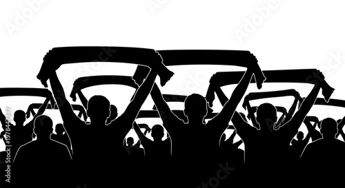 Silhouetted crowd holding up signs high.