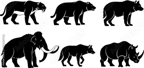 Prehistoric and modern animal silhouettes, mammoth saber‑toothed cat bear wolf rhino, megafauna art, vector illustration, wildlife icon, nature design, extinct species, ice age ... See More
