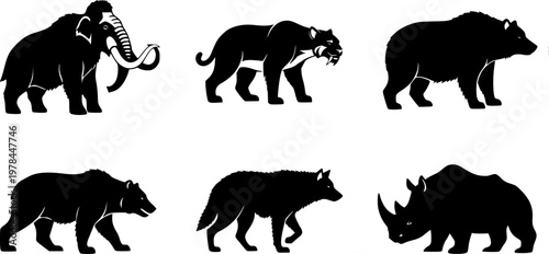 Prehistoric and modern animal silhouettes, mammoth saber‑toothed cat bear wolf rhino, megafauna art, vector illustration, wildlife icon, nature design, extinct species, ice age ... See More
