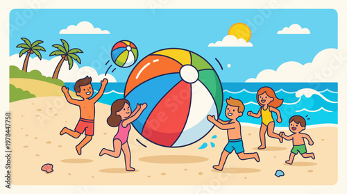 Children play with colorful beach ball on sunny sandy beach by ocean