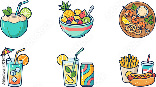 A vibrant food and drink scene with Untitled-10 inspired illustrations of seafood, cocktails, and snacks on a plate.