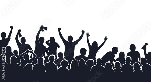 Silhouettes of people cheering loudly together.