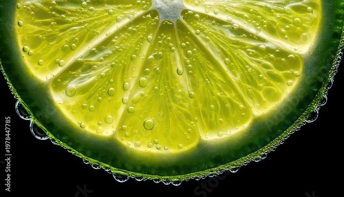 Close-up of a vibrant lime slice with water droplets against a black background.