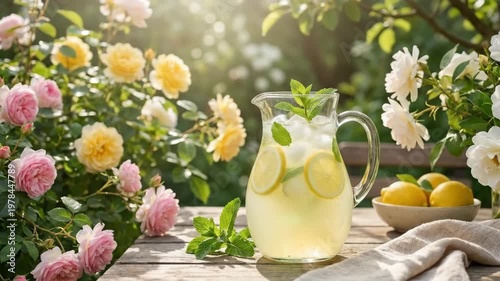 Glass pitcher with refreshing lemonade and ice stands on a wooden table among blooming rose bushes. A summer drink served outdoors in a garden setting, capturing the essence of a bright sunny spring