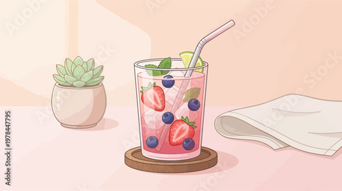 Fresh Fruit Drink with Strawberries Blueberries and Mint on Pink Table