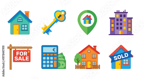 Real estate icons depicting houses keys sales and financial elements