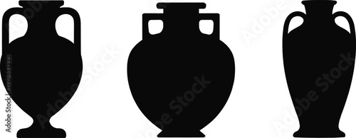 Ancient amphora vase silhouettes collection, black ceramic pottery shapes isolated on light background, minimalist classical Greek and Roman style illustration for design and decor