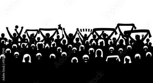 Silhouette of a cheering crowd.