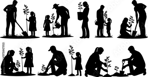Silhouette of people planting trees various poses set collection. Family gardening and planting trees outdoor different poses silhouette set.
