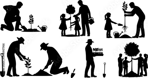Silhouette of people planting trees various poses set collection. Family gardening and planting trees outdoor different poses silhouette set.
