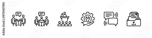 A set of thin line icons for business communication, office management, and corporate professional services.
