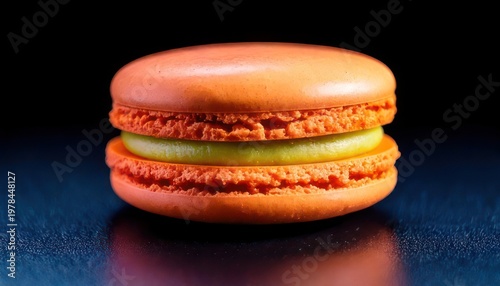 Close-up of a Vibrant Orange Macaron on Dark Surface.